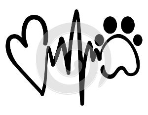 Love Hope dog - Handwritten Vector hearbeat rythm with heart and paw, heart and heart rate shape