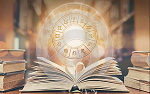 Love horoscope, zodiac sign astrology for foretell and fortune telling education study course concept with horoscopic wheel photo