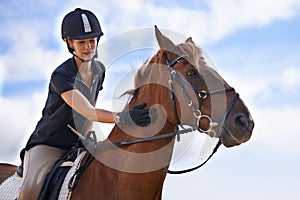 Love, horse riding or equestrian in countryside or outdoor with rider or jockey for recreation or adventure. Relax