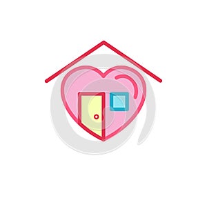 Love with house door, window and roof Icon. Simple Heart Illustration Line Style Logo Template Design.