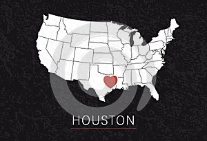 Love Houston Picture. Map of United States with Heart as City Point. Vector Stock Illustration
