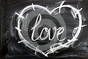 Love. I love you. Message of love. The inscription on the blackboard with chalk. Valentine`s day theme. Dark grunge texture backgr