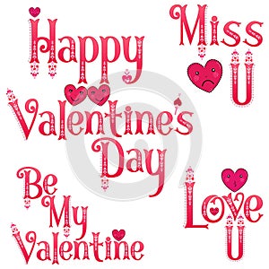 Valentine's Day labels. Be my valentine sticker. Miss you wordart. Love you label. Happy Valentine's Day.