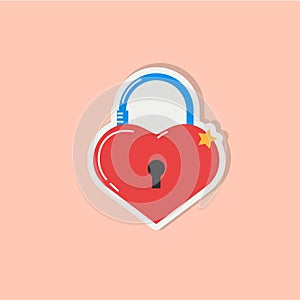 Love icon with heart lock. Romantic element of love lock. Valentines day sticker with symbols of romantic message and virginity.