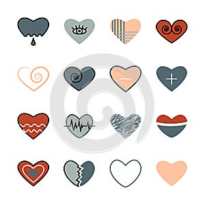 Love icon set. Heart collection in retro colors in flat style isolated