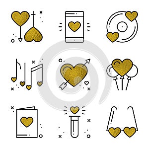 Love icons in gold. Heart shape vector illustration. Love couple, relationship, dating wedding, romantic, amour concept