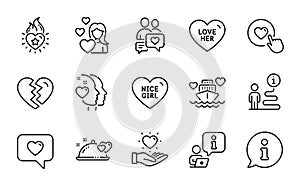 Love icons set. Included icon as Love her, Honeymoon cruise, Dating chat. Vector