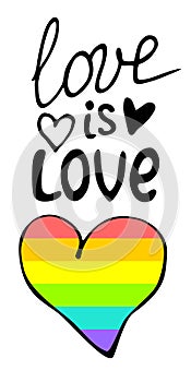 Love is love. Inspirational Gay Pride lettering with rainbow spectrum heart shape. LGBT rights concept