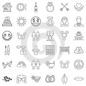 Love interest icons set, outline style