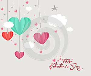 Love Invitation card Valentine`s day abstract background with text love and clouds,stars,paper cut mini heart. Vector illustratio