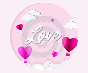 Love Invitation card Valentine`s day abstract background with text love and young joyful,clouds,paper cut pink heart. Vector