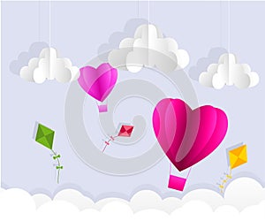 Love Invitation card Valentine`s day abstract background with text love and young joyful,clouds,paper cut pink heart. Vector