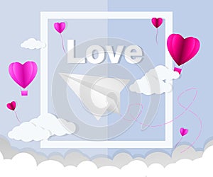 Love Invitation card Valentine`s day abstract background with text love and young joyful,clouds,paper cut pink heart. Vector