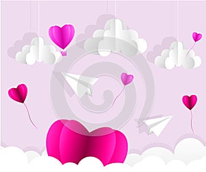 Love Invitation card Valentine`s day abstract background with text love and young joyful,clouds,paper cut pink heart. Vector