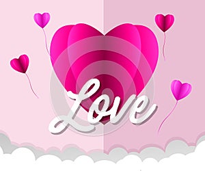 Love Invitation card Valentine`s day abstract background with text love and young joyful,clouds,paper cut pink heart. Vector