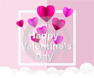 Love Invitation card Valentine`s day abstract background with text love and young joyful,clouds,paper cut pink heart. Vector