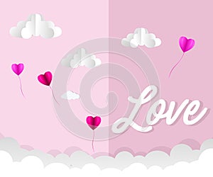 Love Invitation card Valentine`s day abstract background with text love and young joyful,clouds,paper cut pink heart. Vector