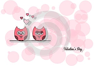 Love Invitation card Valentine`s day , paper cut mini heart, cut owls, loving owls, glare. Vector illustration.