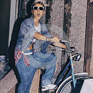 Love Jeans. Love vintage bike. Stylish Denim. Fashion emotional girl