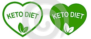 Love keto. Ketogenic diet. Plant based vegan food product label. Green heart-shaped stamp. Logo or icon. Sticker. Vegeterian.Keto