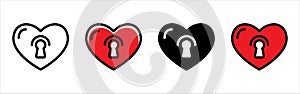 Love with key hole icon set. Heart with keyhole vector icons. Virginity symbol. Dating agency sign icon photo