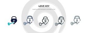 Love key icon in different style vector illustration. two colored and black love key vector icons designed in filled, outline,