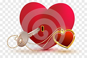 Love is key to heart of your beloved. Red heart shape lock and key