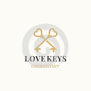 Love Keys. Abstract Vector Sign, Symbol or Logo Template. Crossed Keys Sillhouettes with Heart Elements and Classy Retro