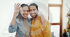 Love, keys and excited with couple in new house for moving, real estate and investment. Property, happy and future with