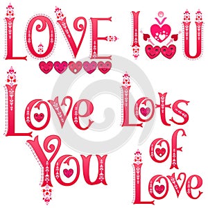 Love labels. I love you sticker. Love you label. Lots of love. Set of 4. Wordart text. Love emoticon stickers. Heart pattern.