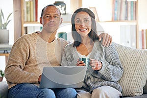 Love, laptop and portrait of couple relax on living room sofa, drinking coffee and working from home. Digital computer