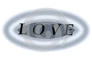 LOVE in large black letters inside a silver- blue beveled horizontal oval with gray center PNG