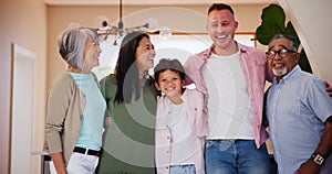 Love, laughing and happy with a blended family in their home together for bonding during a weekend visit. Portrait