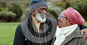 Love, laughing or old couple hug in park with joy or smile in nature outdoors in countryside together. Black people