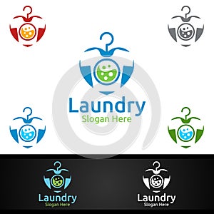 Love Laundry Dry Cleaners Logo with Clothes, Water and Washing Concept