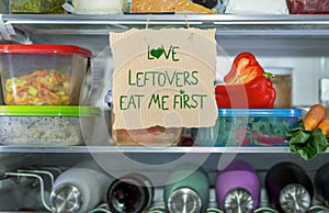 Love Leftovers Eat Me First handmade sign in fridge