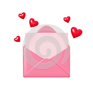 Love letter 3d render - open pink envelope with paper card and flying red heart decoration.