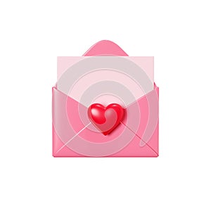 Love letter 3d render - open pink envelope with paper card and red heart decoration.