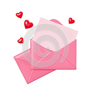 Love letter 3d render - pink envelope closed and open with paper card and red heart decoration.