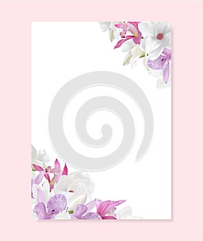 Love letter blank template with magnolia, orchid flower on background