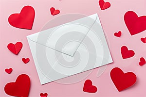 Love letter concept with red hearts and white envelope