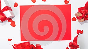 Love letter envelope, gift box on white background . Valentine`s day celebration concept. Copy space. Flat lay