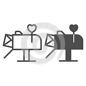 Love letter, envelope in mailbox with heart line and solid icon, dating concept, love message vector sign on white