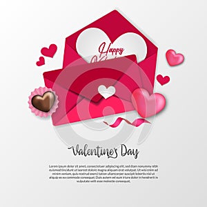 Love letter envelope for valentine`s day greeting card with sweet chocolate and 3d heart shape decoration