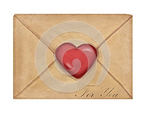 Love letter envelope in vintage style, stock illustration for design and decoration. Old paper effect with red heart isolated on