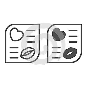 Love letter with heart, lips and kiss line and solid icon, dating concept, romantic message vector sign on white