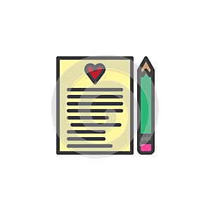 Love letter with heart and pen filled outline icon