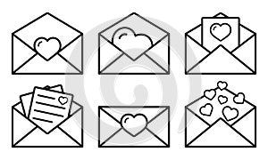 Love letter icon set. illustration of love letter vector outline icons for web on white background. valentine`s day icons