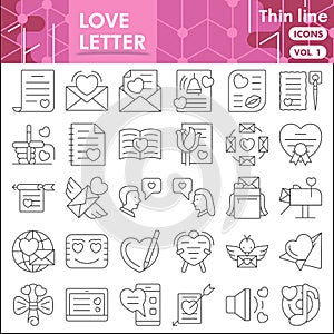 Love letter line icon set, Valentines day symbols collection or sketches. Love message thin line linear style signs for