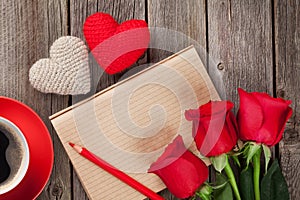 Love letter notepad, red roses and coffee cup